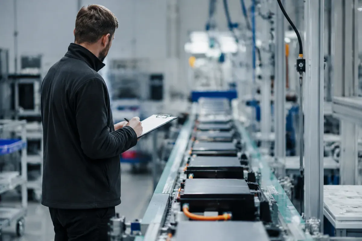 Auditor reviewing production records on a battery assembly floor