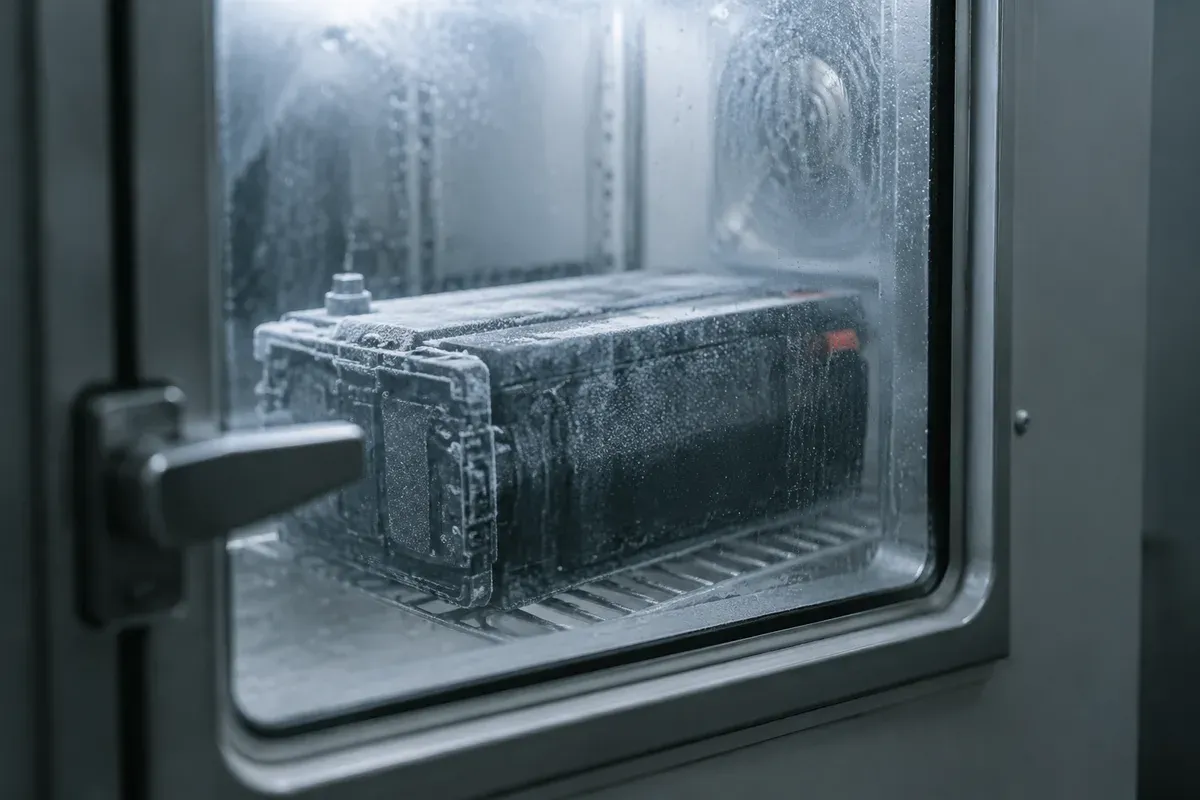 Battery pack inside a cold temperature-controlled test chamber