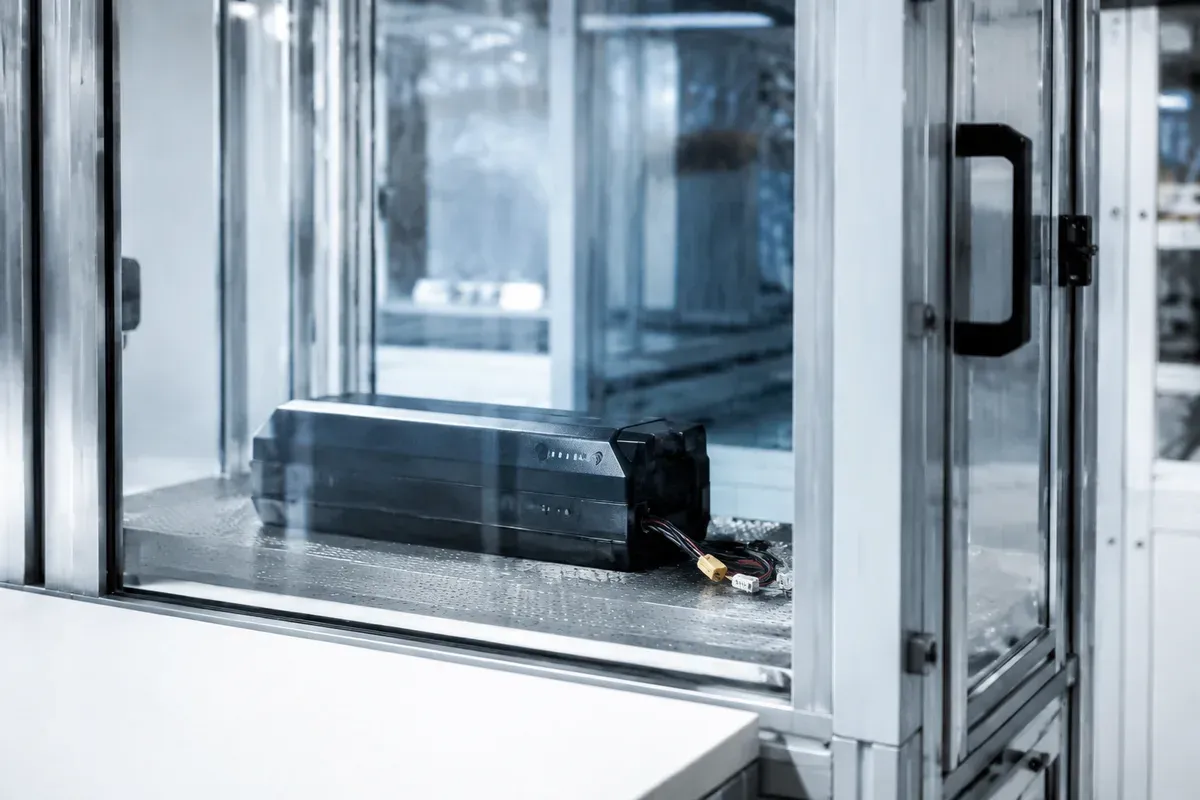 Battery pack inside a laboratory containment enclosure behind safety glass