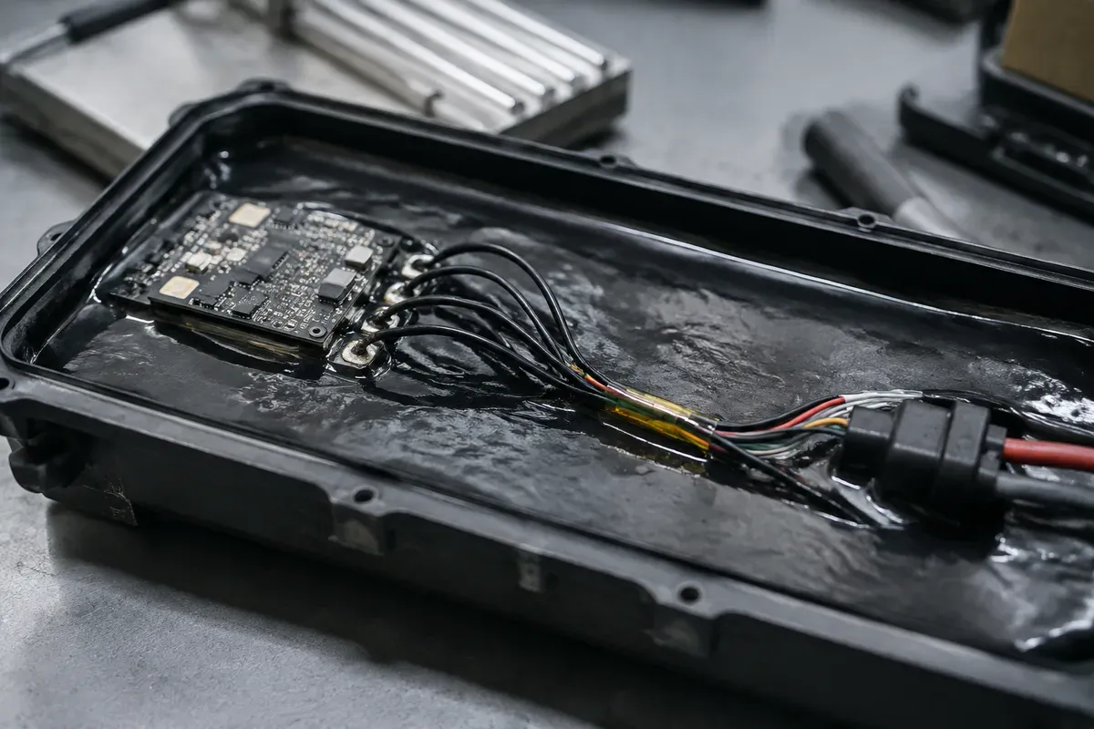 Battery pack interior with the management board and harness set in potting compound