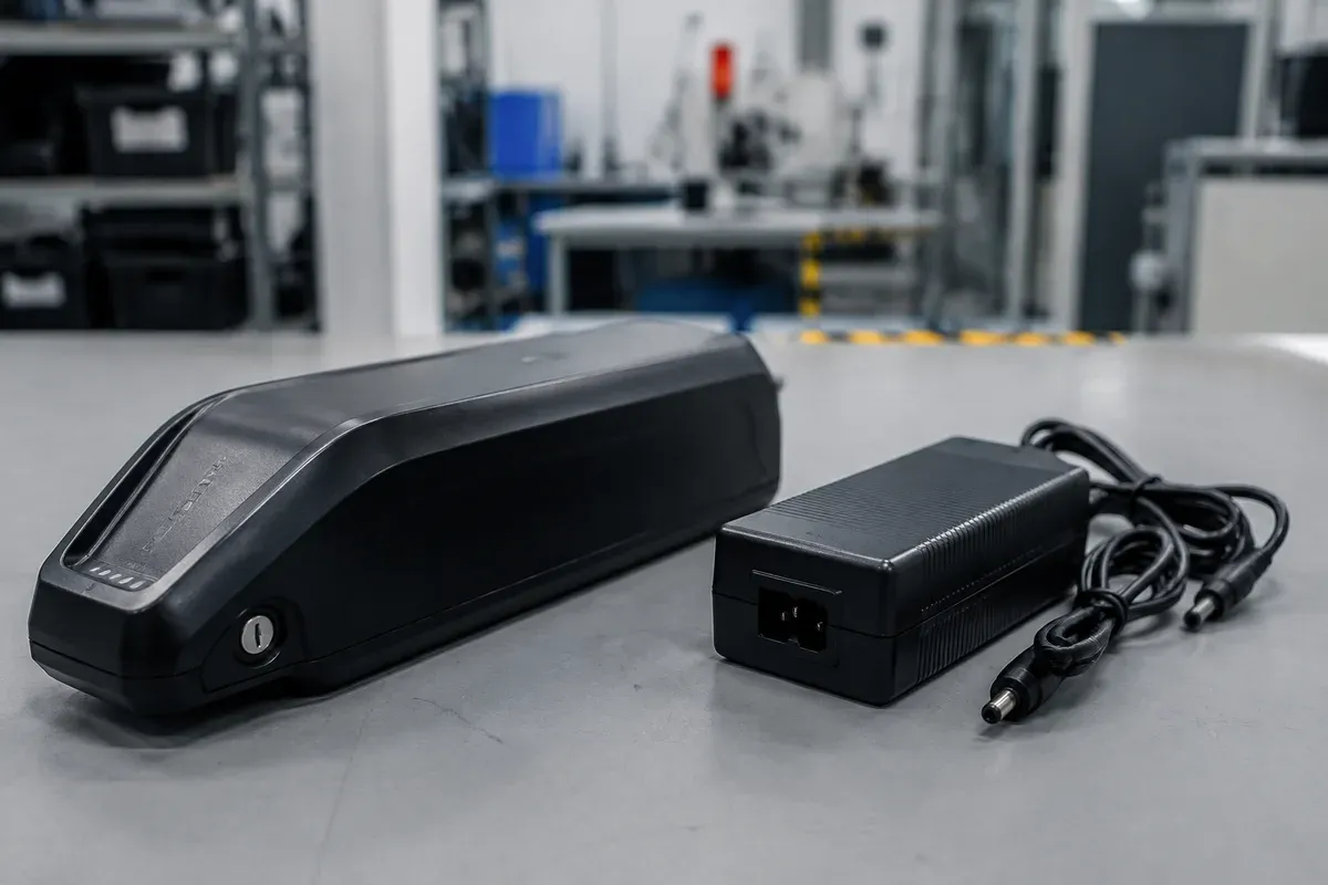 Battery pack and mains charger presented together on a compliance review bench