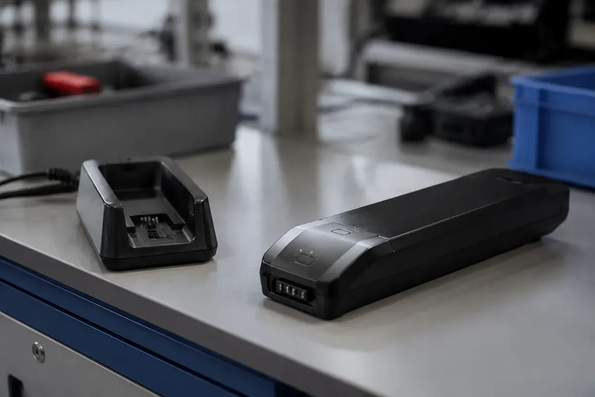 Battery pack resting beside a disconnected charger on a workbench
