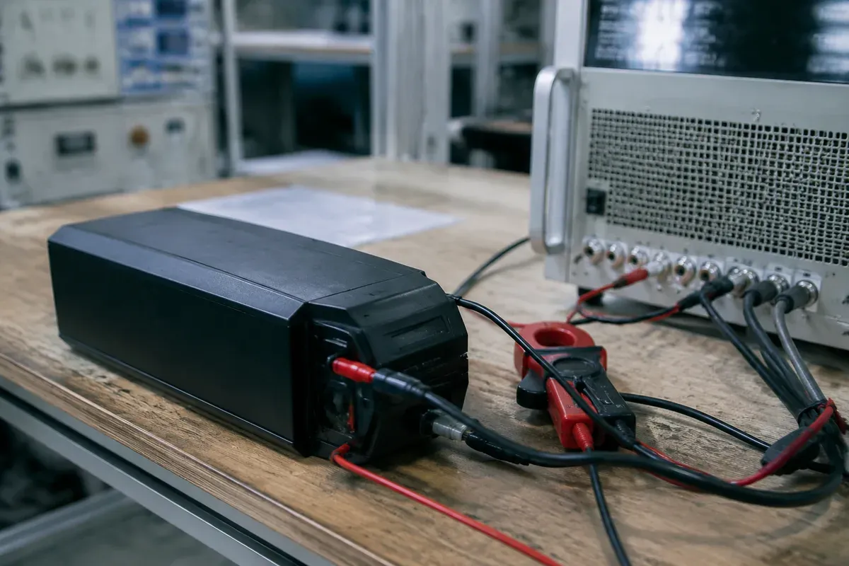 Battery pack on test connected to an electronic load bank and current clamp
