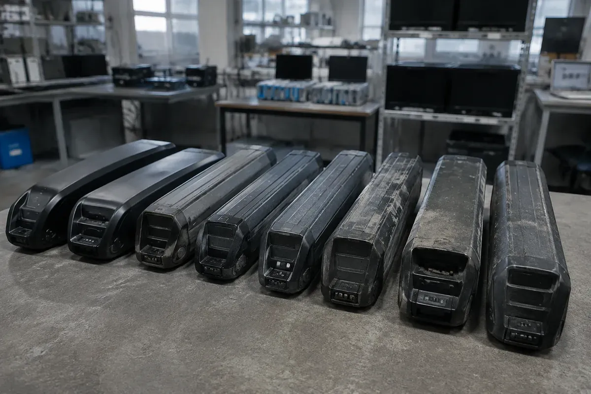 Battery packs of different service ages lined up for capacity measurement