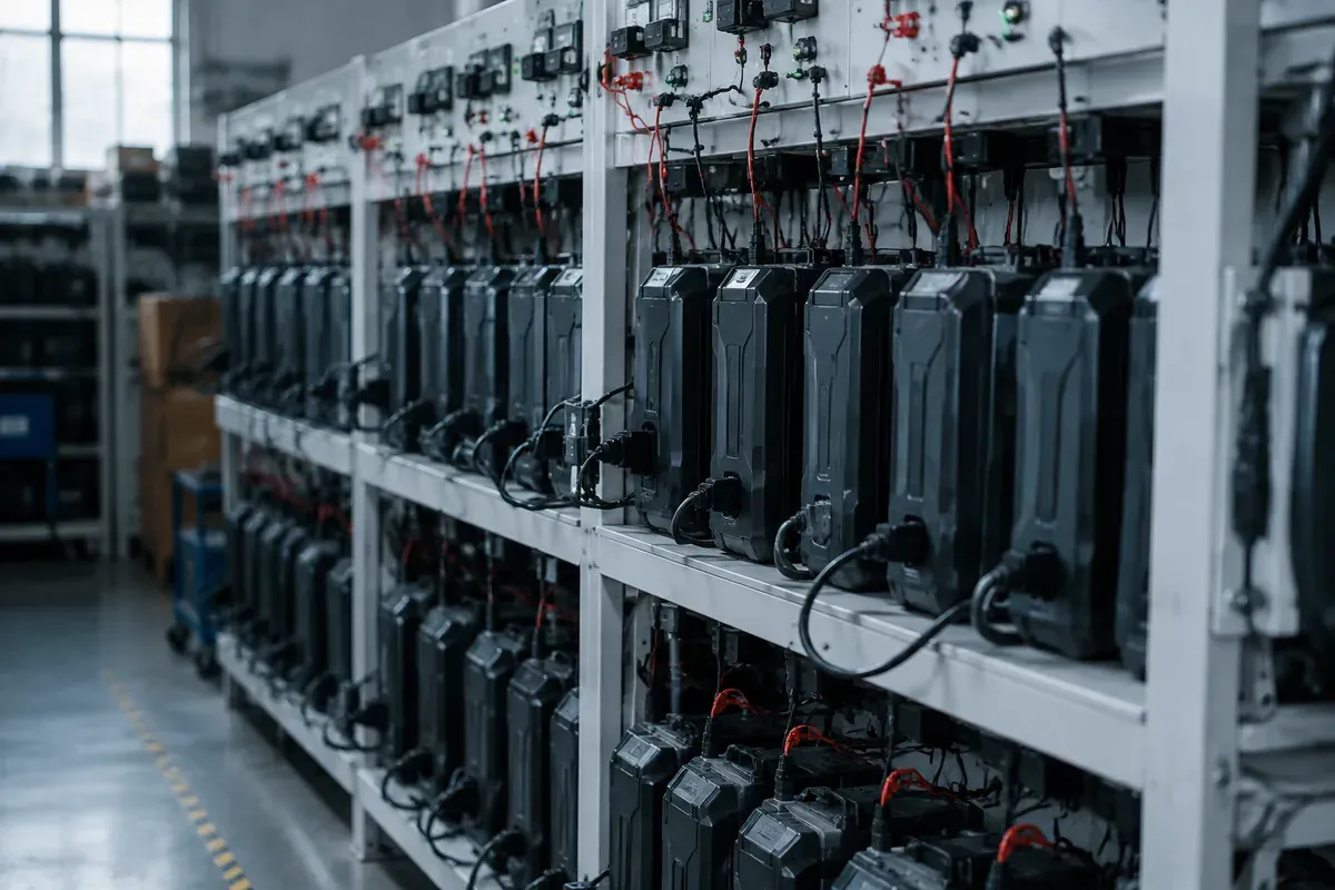 Battery packs wired to a charge and discharge cycling test rack