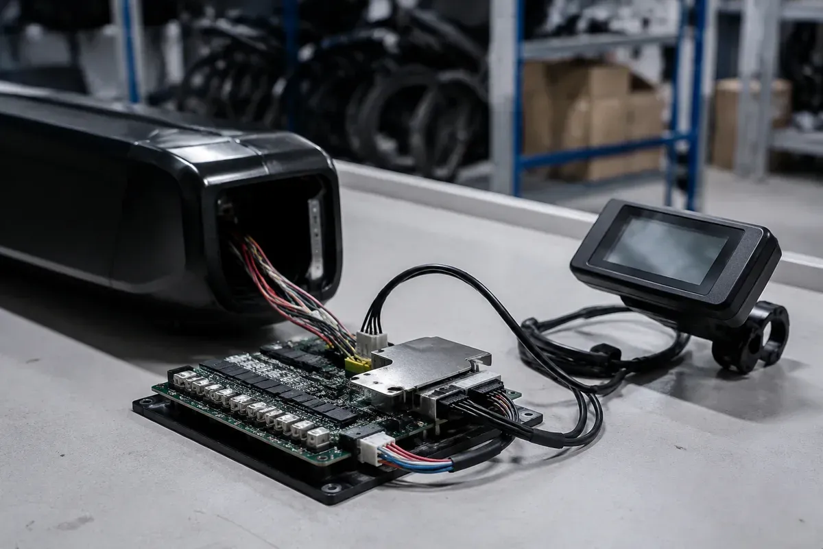 BMS board connected by data harness to an e-bike display module