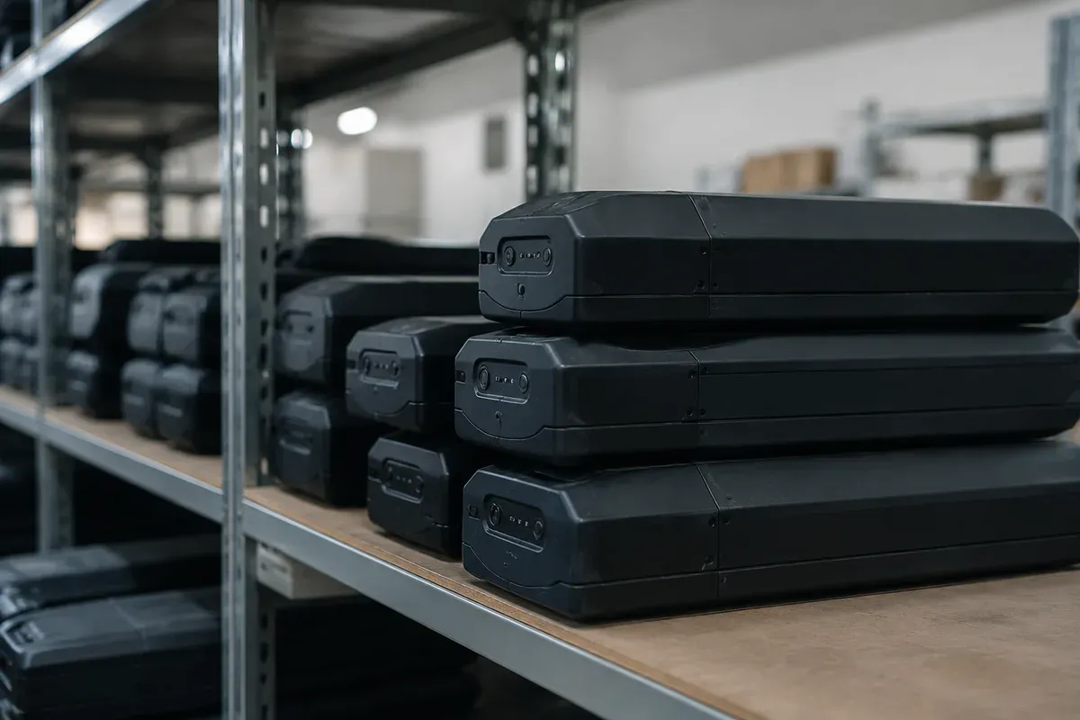 Boxed lithium battery packs stored on warehouse shelving