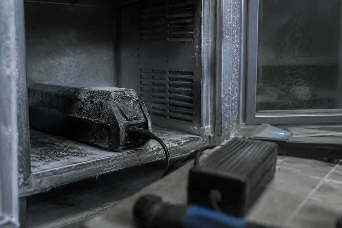 Charger connected to a battery pack inside a cold test chamber
