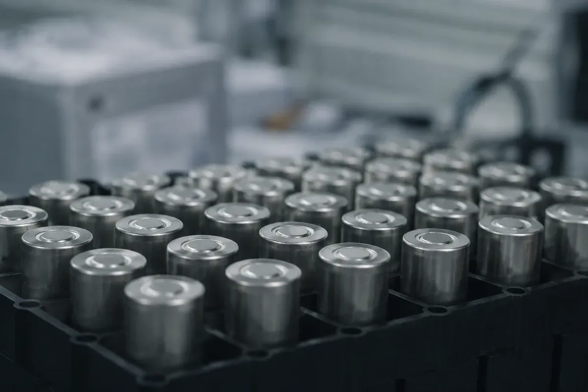 Close view of the ends of cylindrical lithium cells in a tray