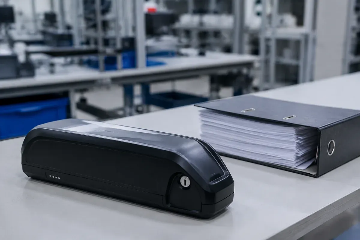 Closed lithium e-bike battery pack beside a compliance document binder on a lab bench
