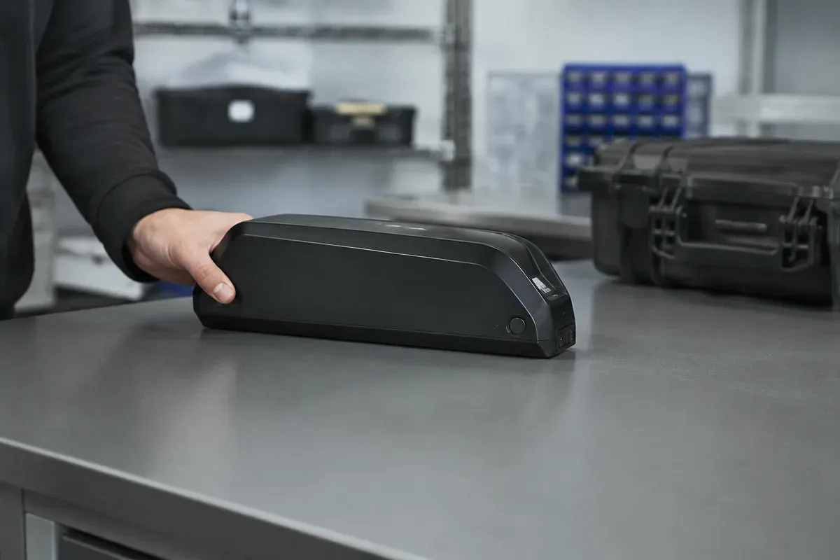 Compact high-capacity lithium battery pack on a workbench for scale
