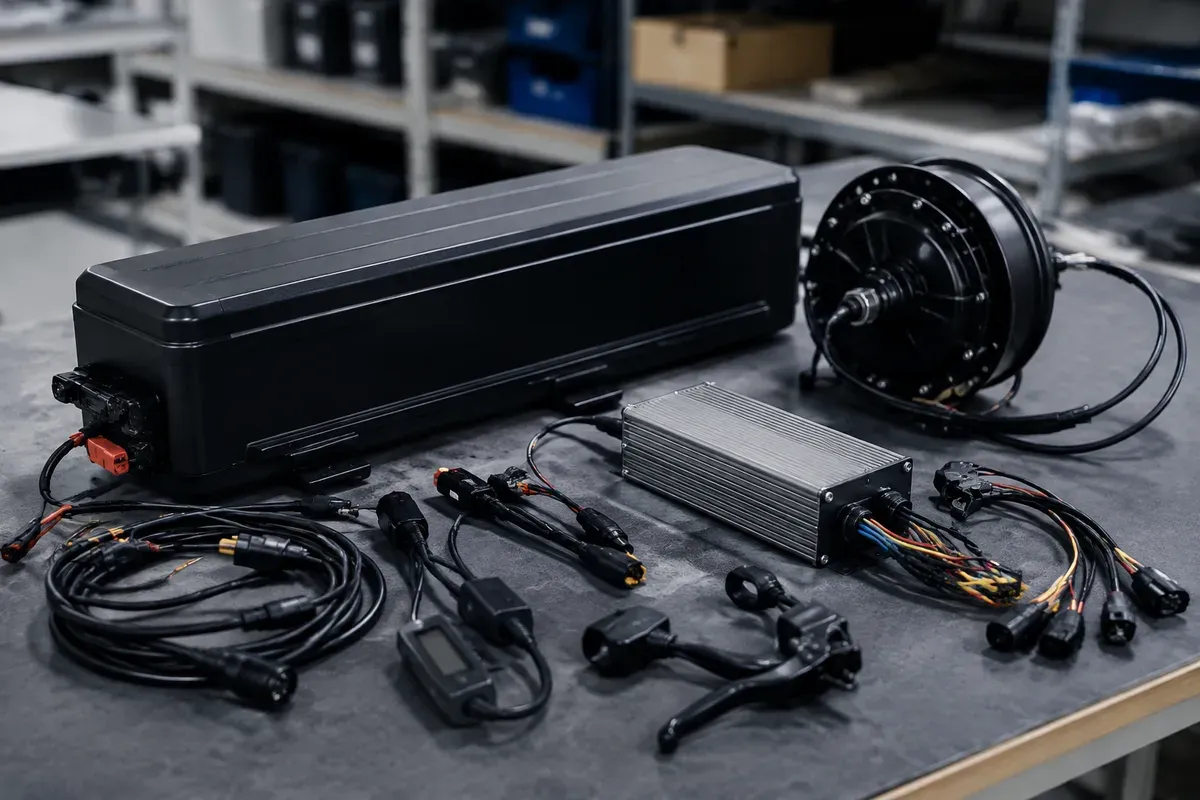 Complete e-bike drive system with battery, controller, and motor laid out for evaluation