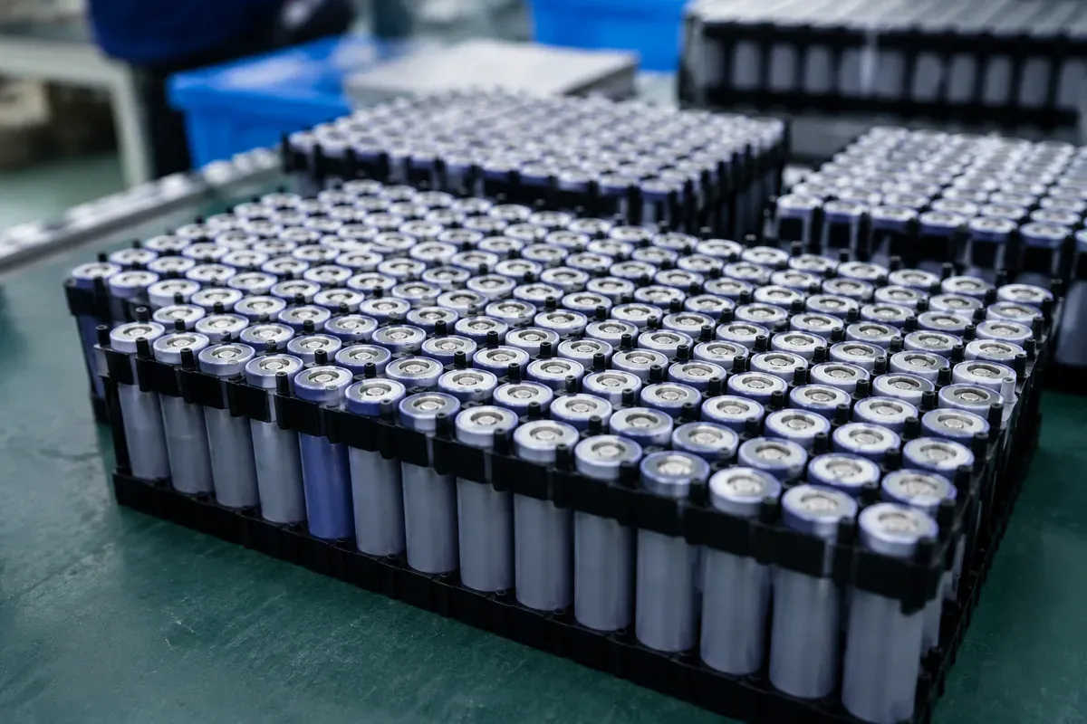 Cylindrical lithium cells seated in holders in ordered rows before welding