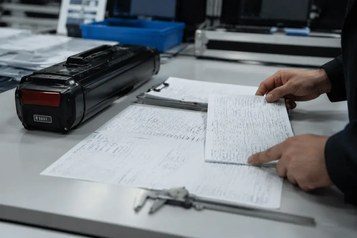 Detailed inspection records and measurement data reviewed beside a finished battery pack