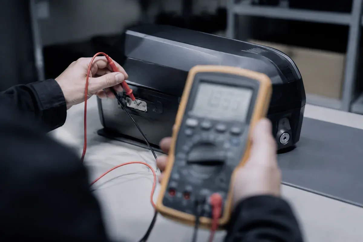 Digital multimeter probing a battery pack during voltage verification