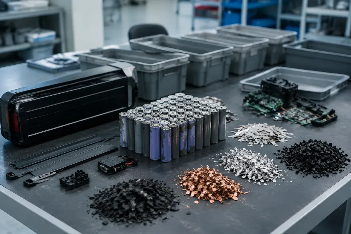 Disassembled battery pack components separated by material on an inspection bench