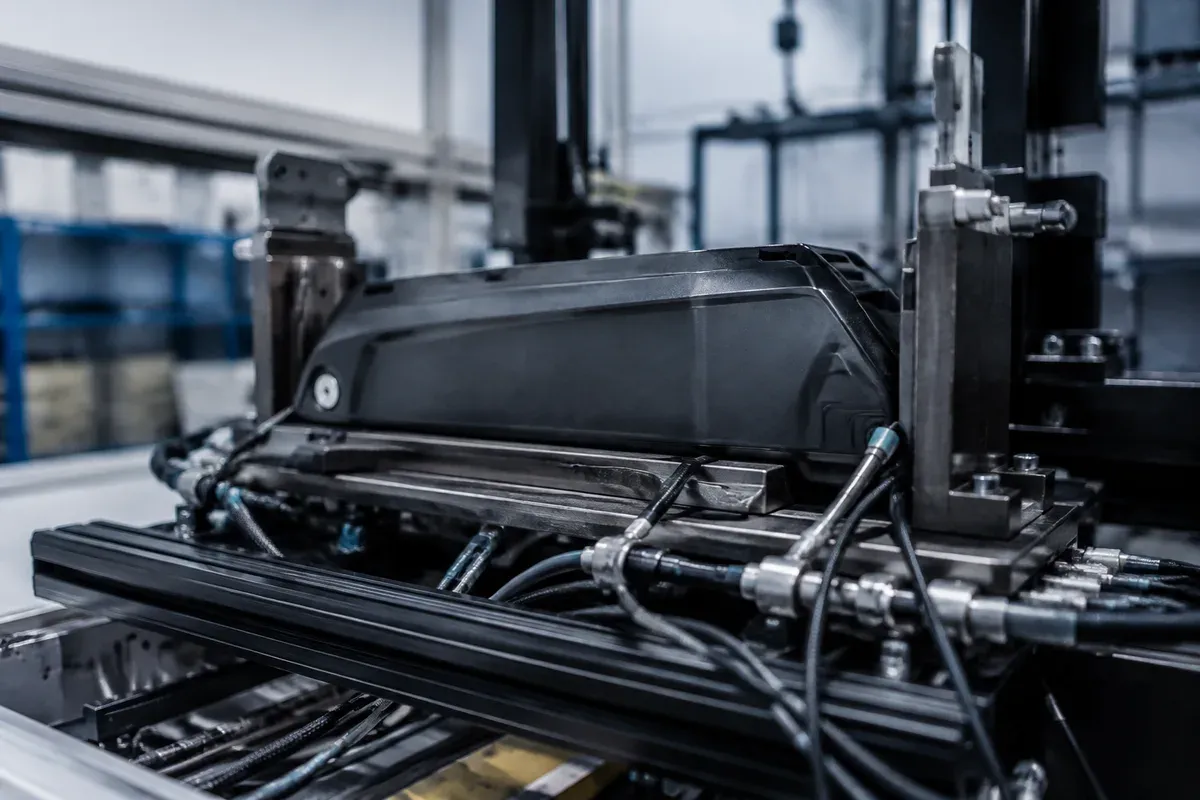 E-bike battery pack mounted on a North American safety test rig with heavy cabling