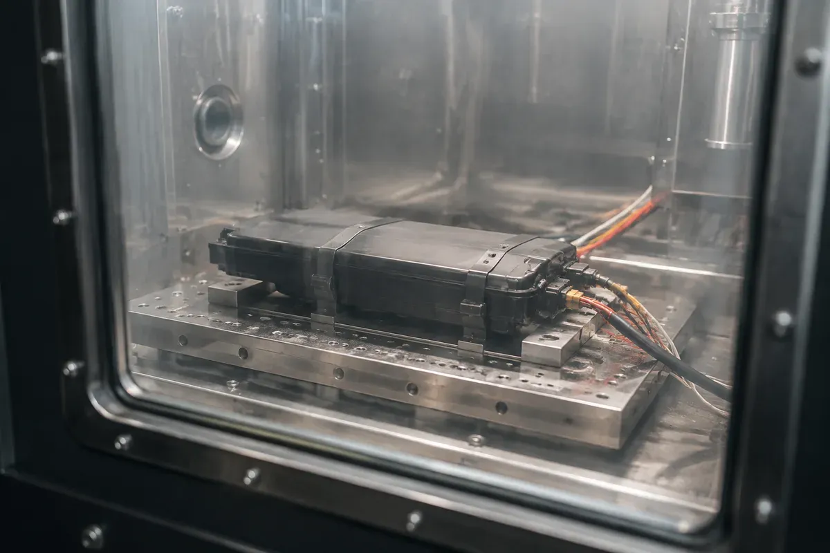 E-bike battery pack undergoing abuse testing inside a laboratory containment enclosure