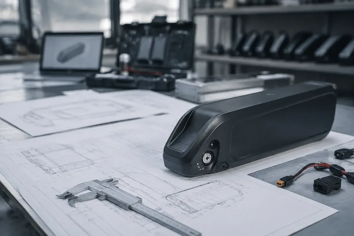 Engineering drawings beside a prototype battery pack on a design bench