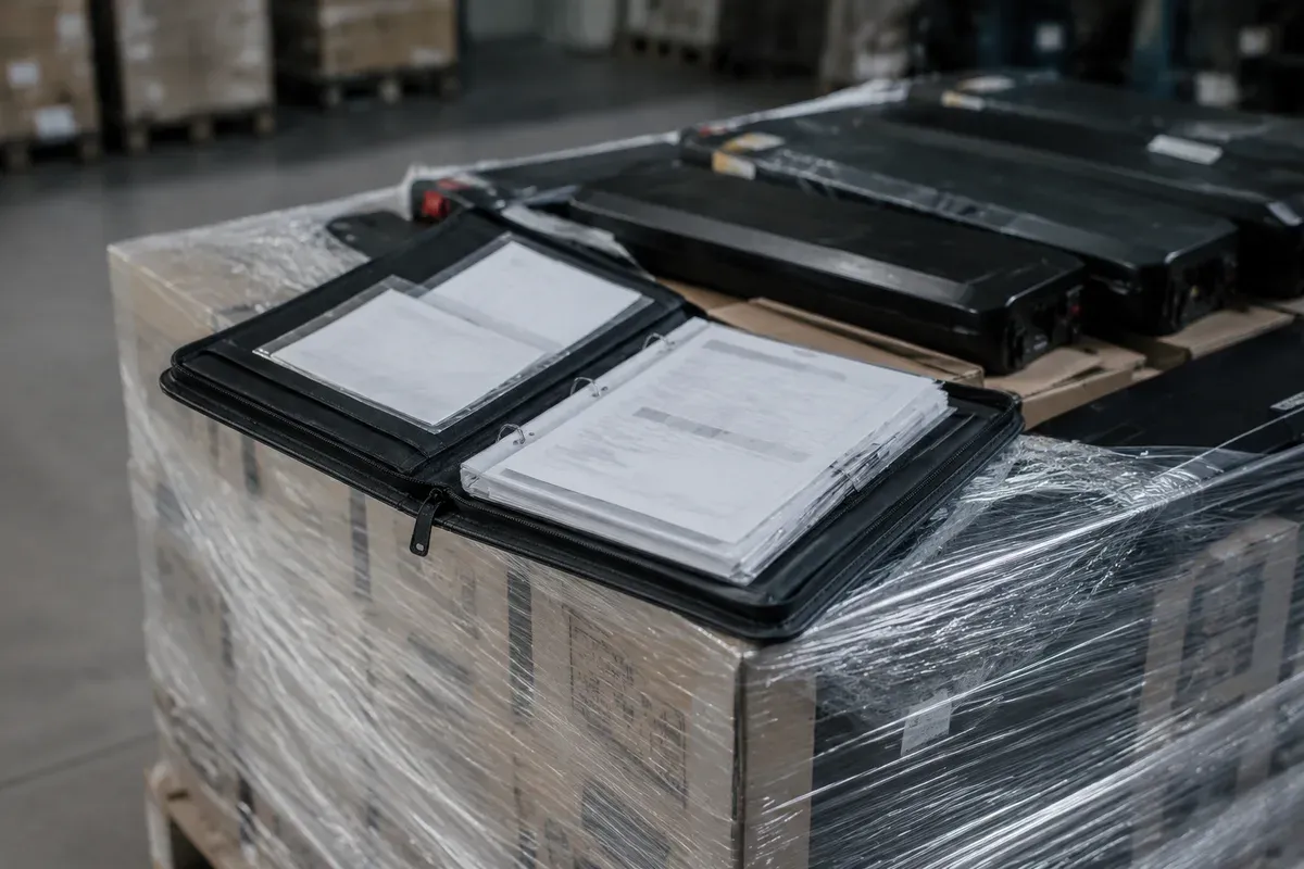 Freight documentation folder resting on a palletised lithium battery shipment