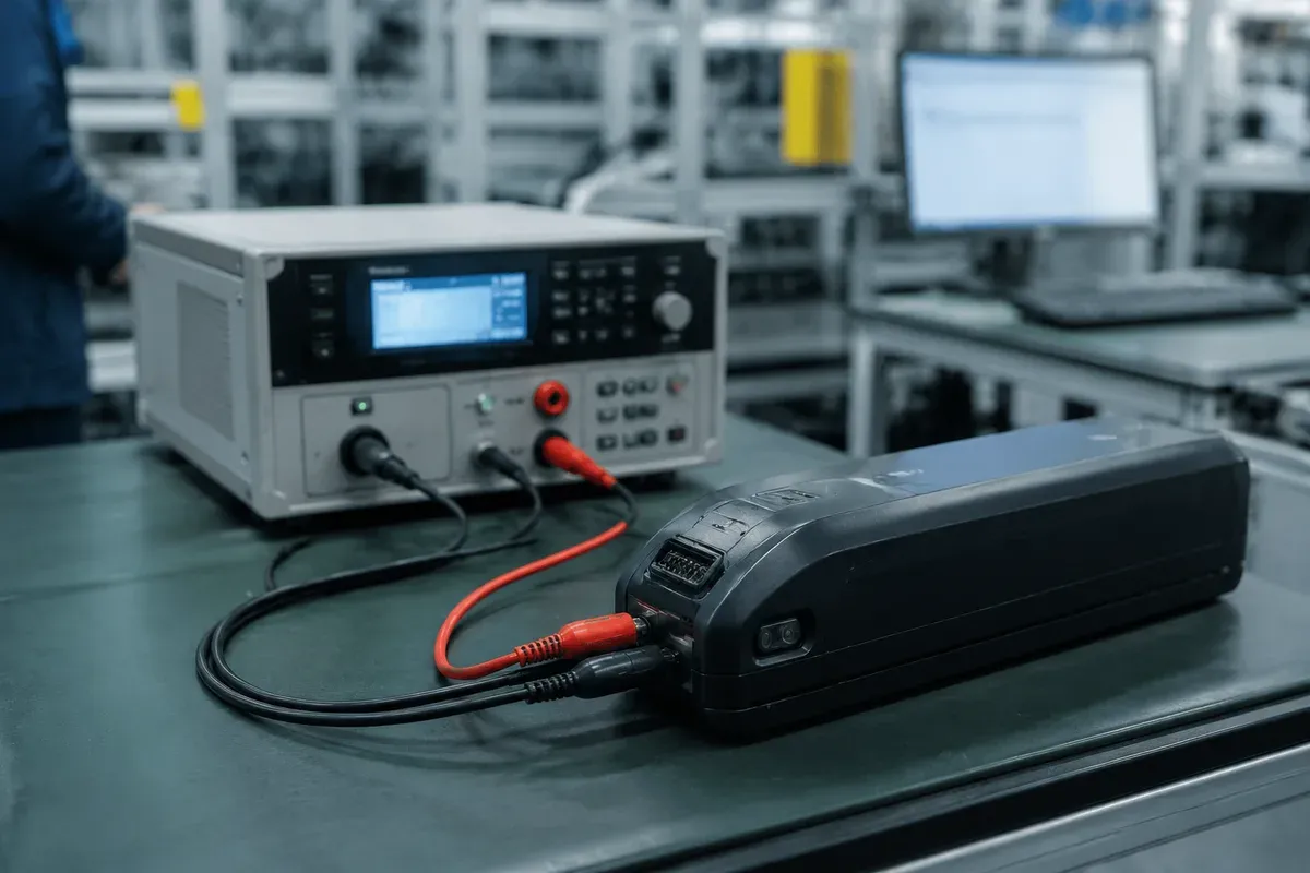 Hipot tester connected to a closed battery pack at the end of the production line