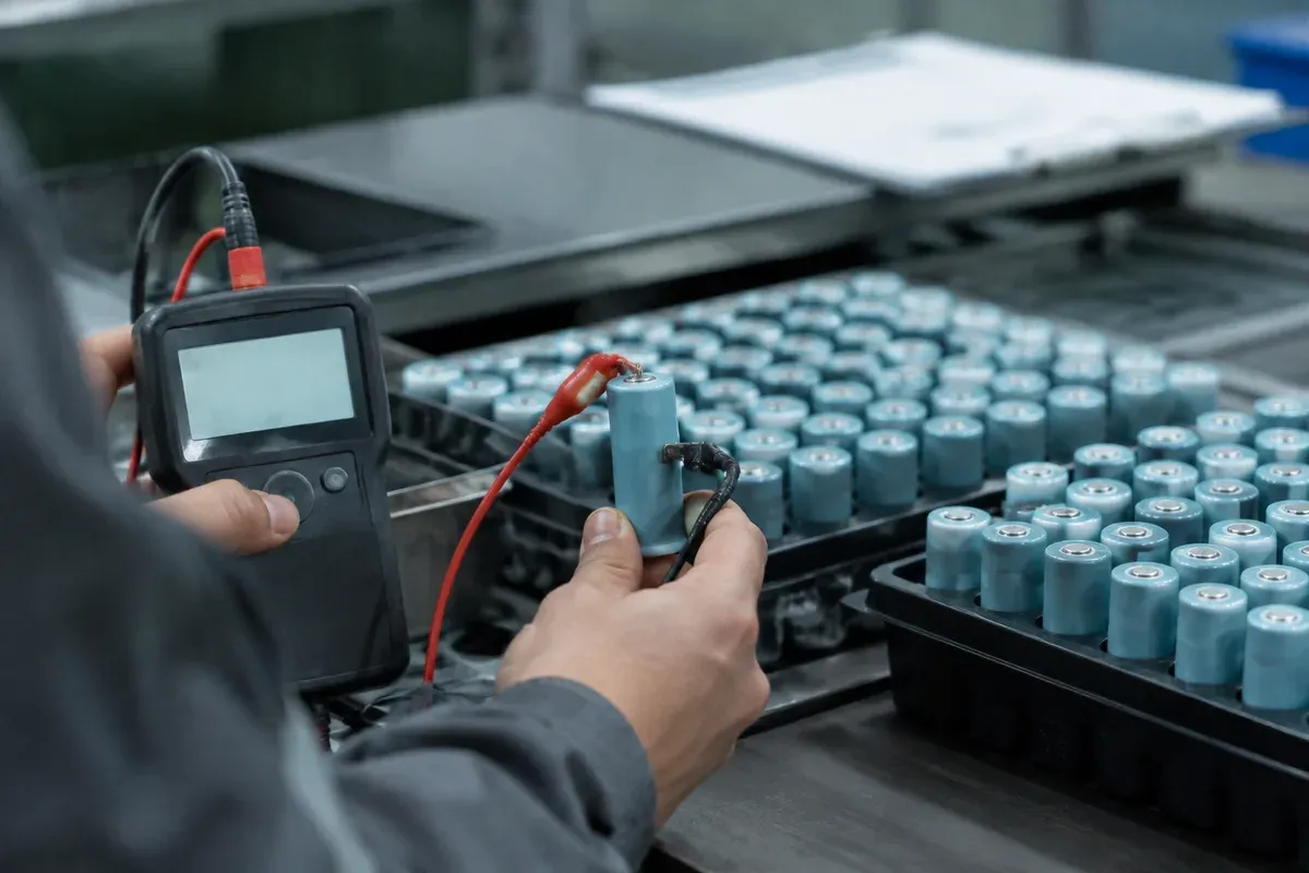Internal resistance meter clipped to a lithium cell during incoming inspection