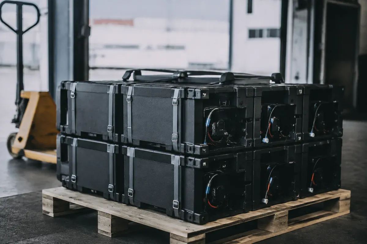 Lithium battery packs in protective transport packaging staged on a pallet
