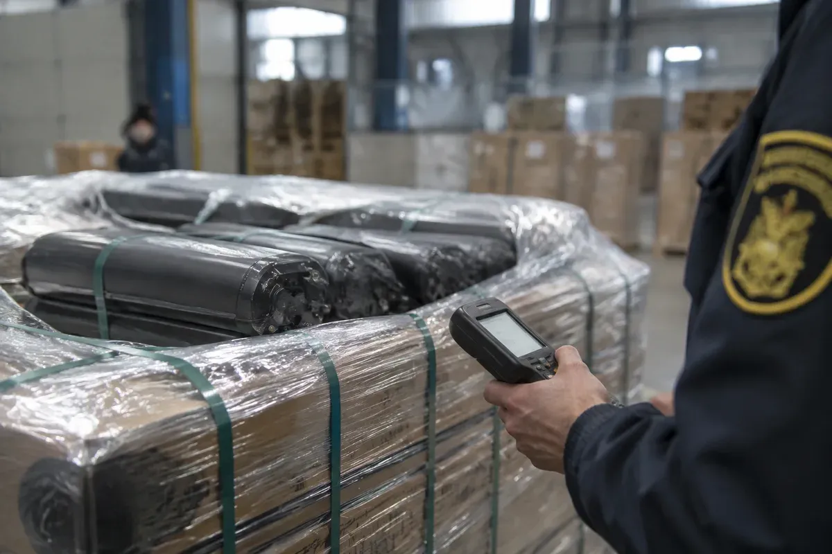 Palletised battery shipment being checked at a customs handling area