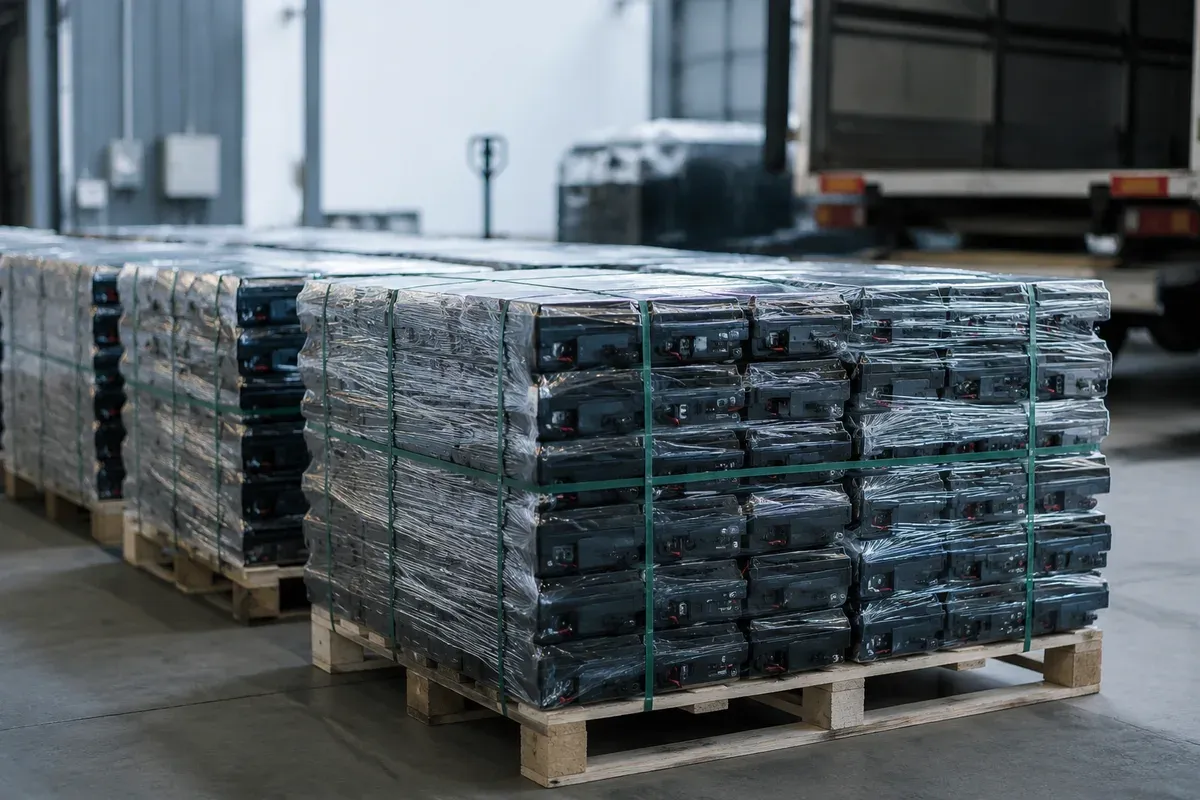 Palletised finished battery packs staged in a dispatch area