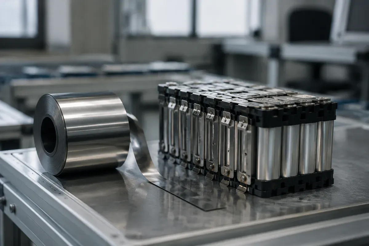 Reel of nickel strip beside a welded lithium cell module on an assembly bench