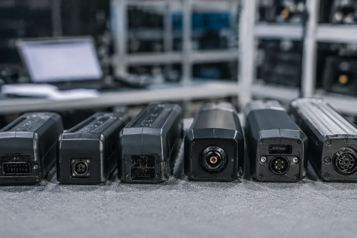 Several types of e-bike battery connector laid out side by side