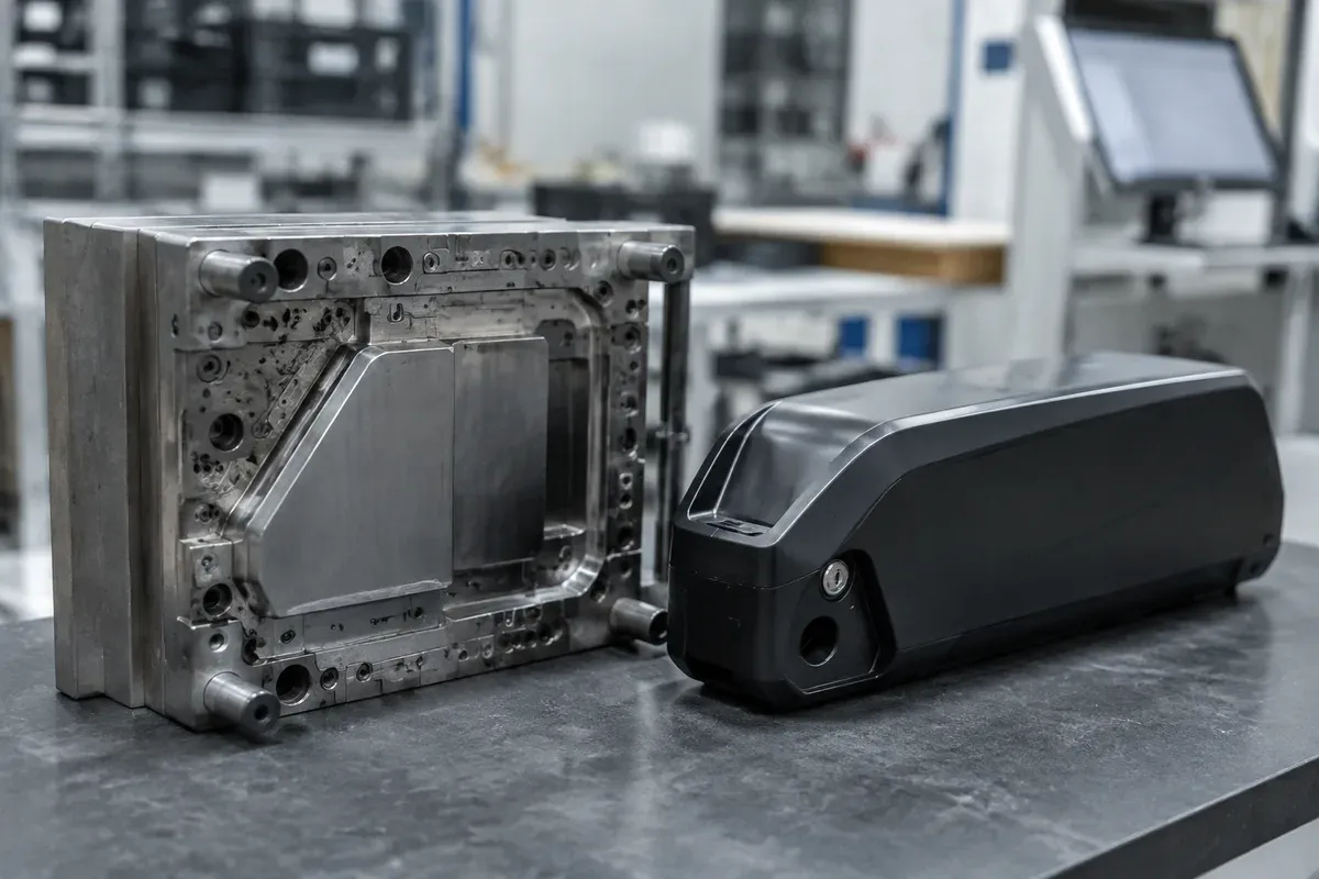 Steel injection mould half beside a moulded battery pack enclosure