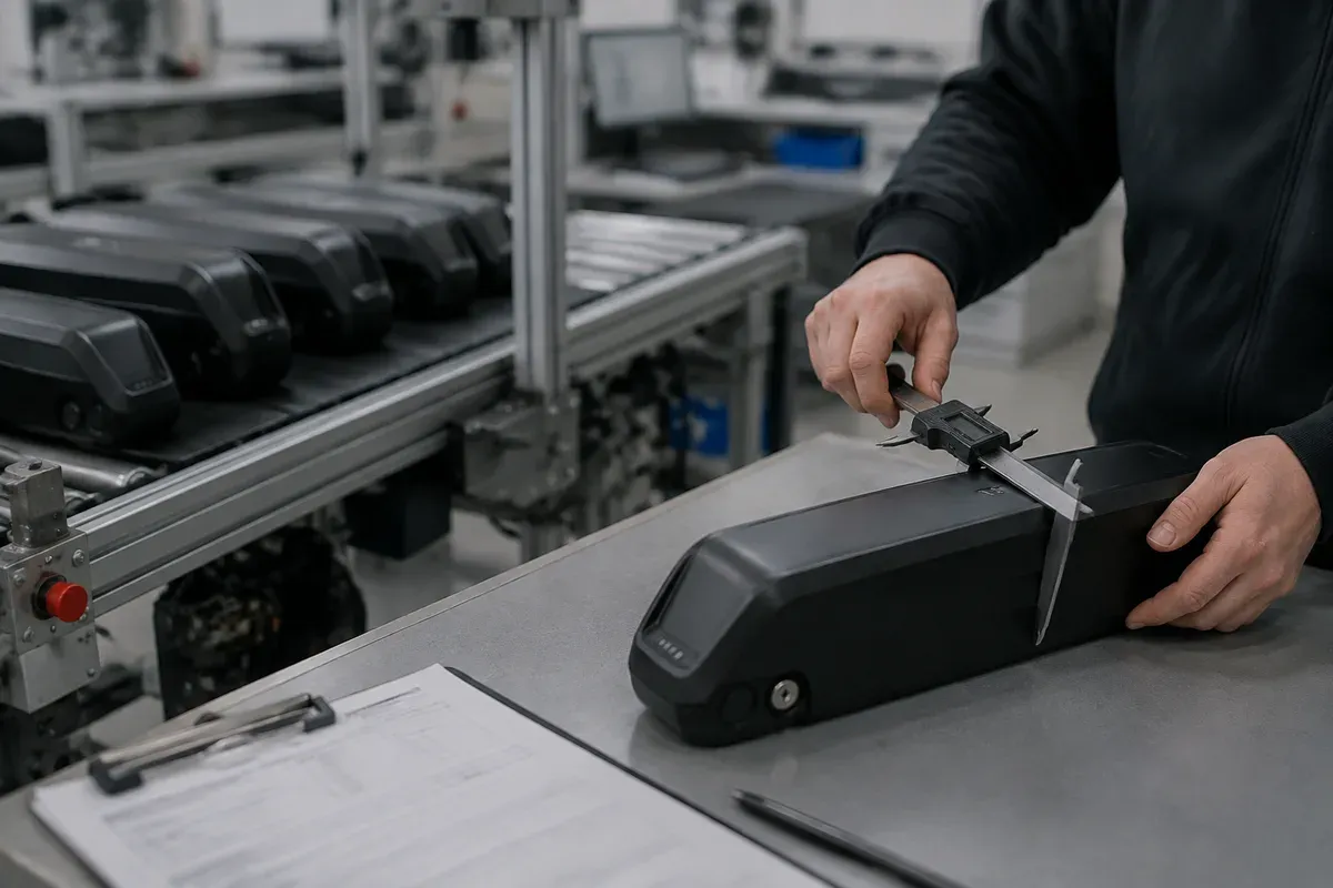 Technician measuring and documenting a single battery pack beside a production line