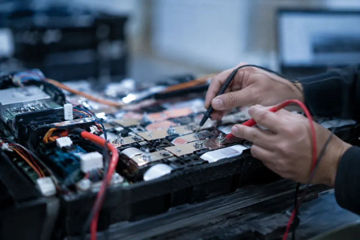 Test probes reading individual cell group voltages on an opened battery pack