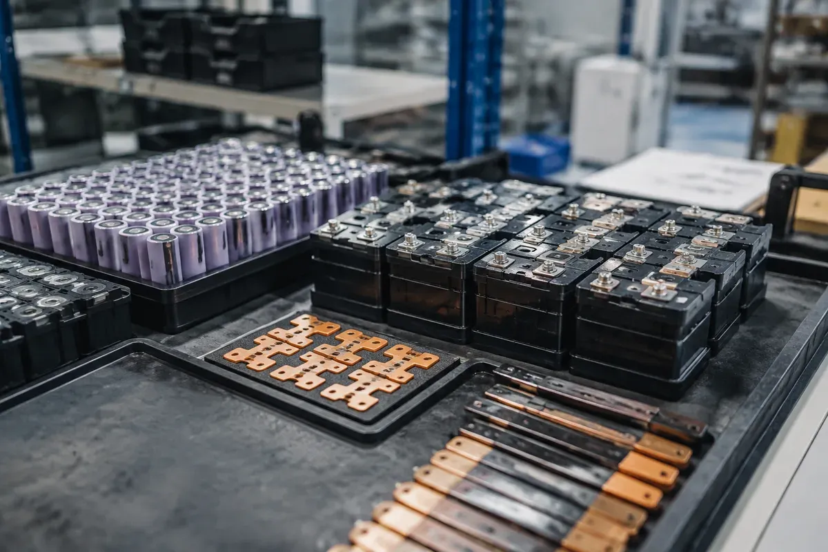 Trays of cells, boards, connectors and nickel strip laid out before assembly