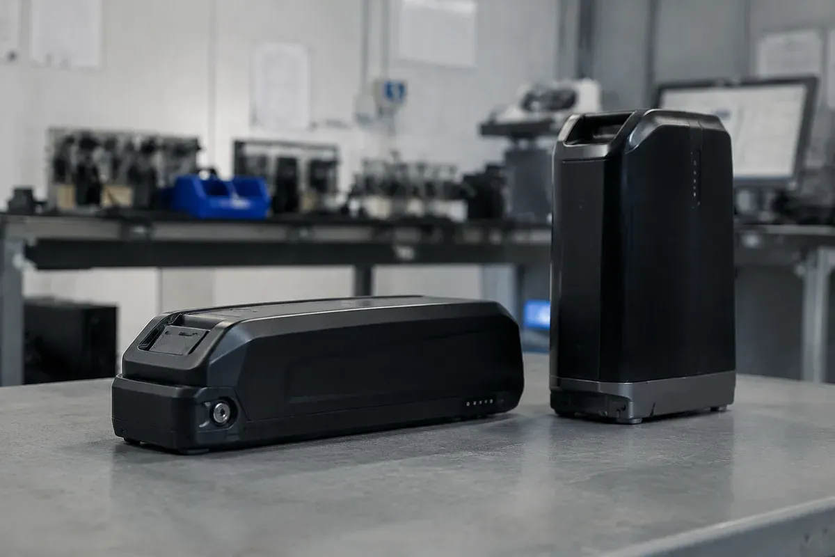 Two e-bike battery packs of different sizes side by side on a workbench