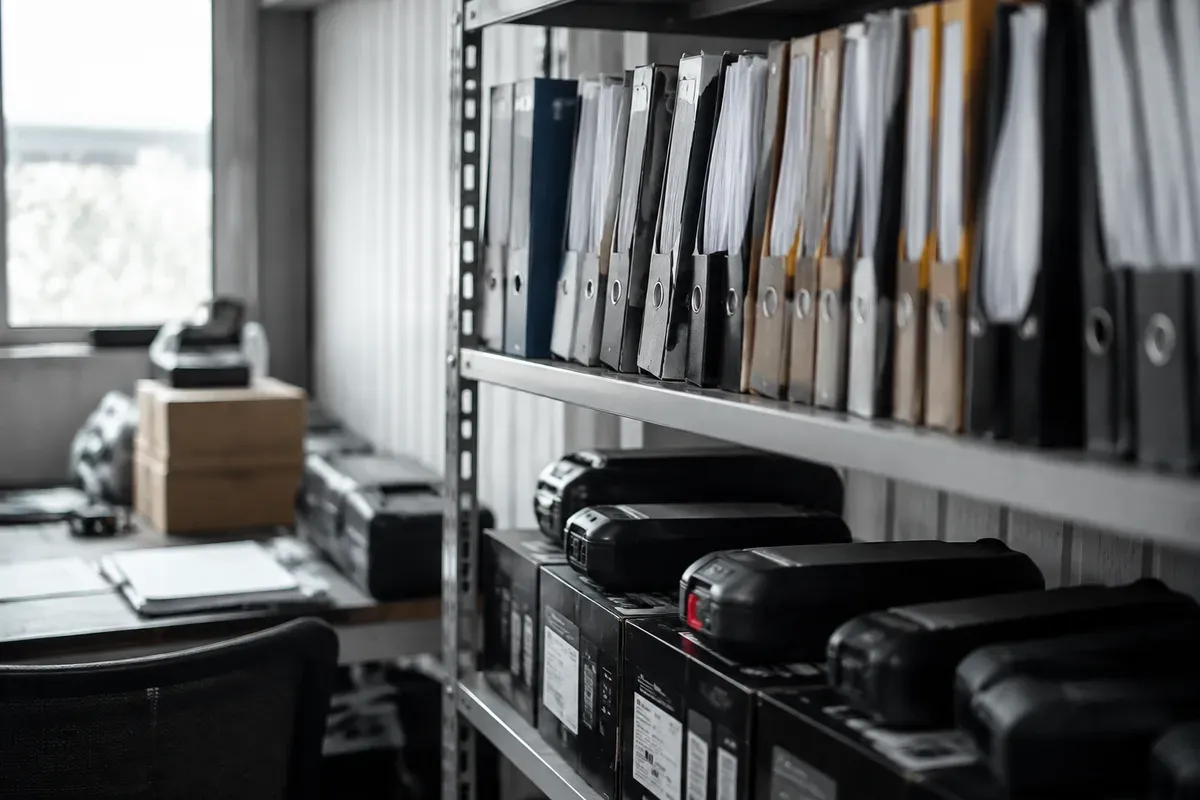 Documentation folders filed alongside boxed battery products in a distribution office