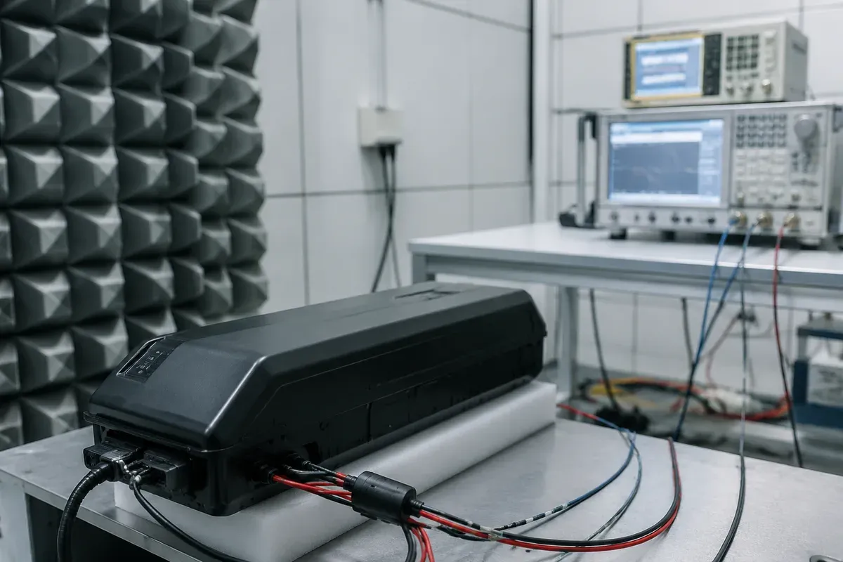 EMC test setup with an e-bike battery pack connected to measurement instrumentation