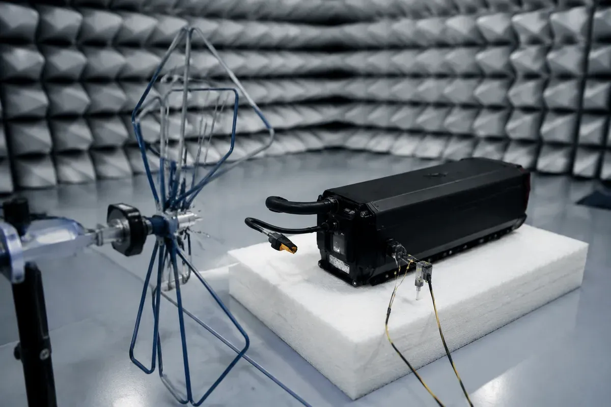 Radio frequency emissions measurement setup in a shielded test chamber