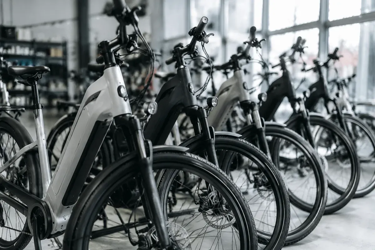 Retail-ready e-bikes with integrated battery packs lined up in a showroom space