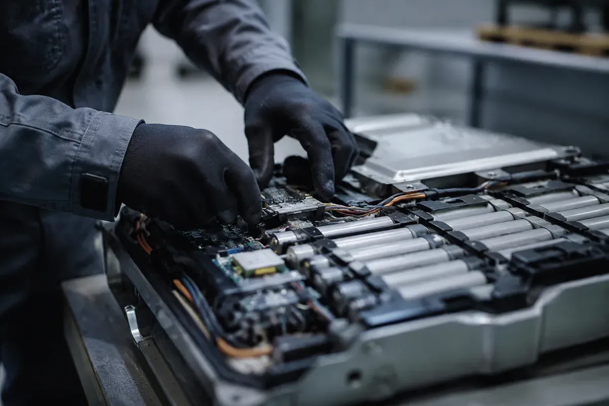 Technician inspecting cell groups and protection circuitry on a partly assembled pack