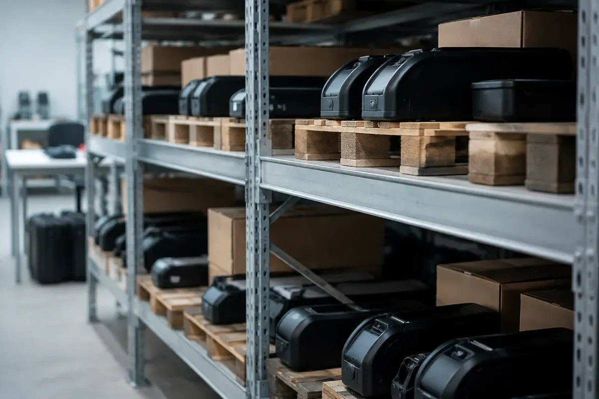 Warehouse shelving with packaged battery products prepared for European distribution
