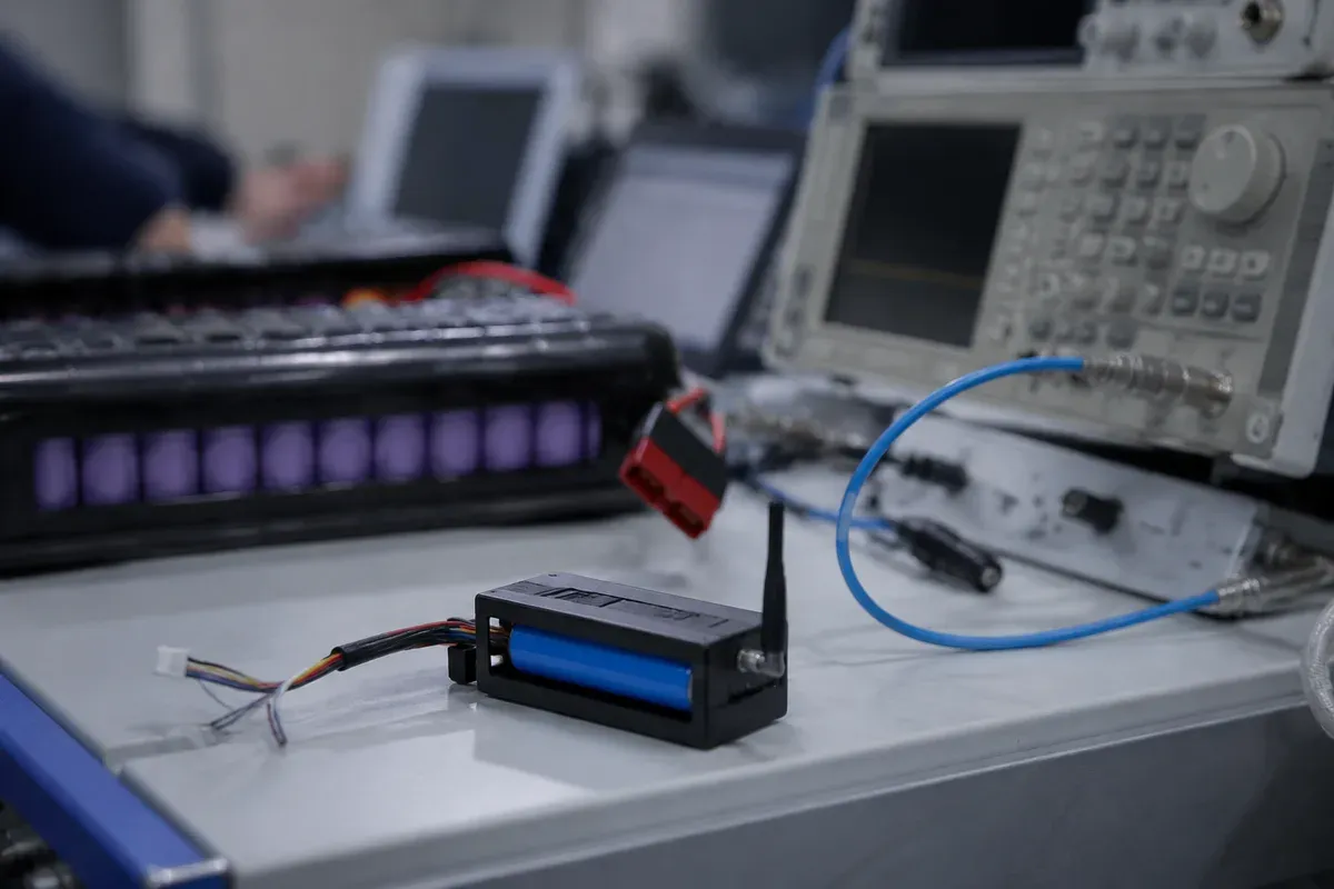Wireless battery management module on a bench beside radio test instrumentation