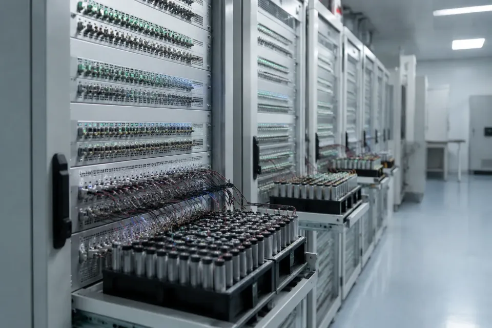 Cell cycler racks logging capacity and internal resistance across trays of cells under test