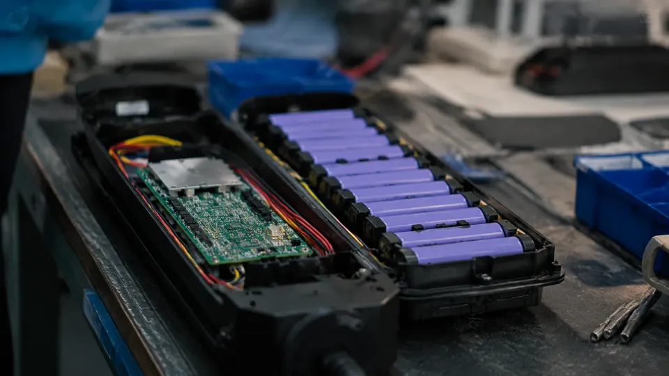 Custom private-label e-bike battery pack open on an engineering workbench