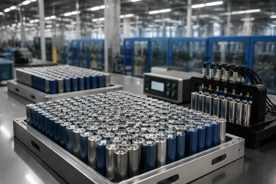 Cylindrical lithium cells in aluminium sorting trays at a factory grading station