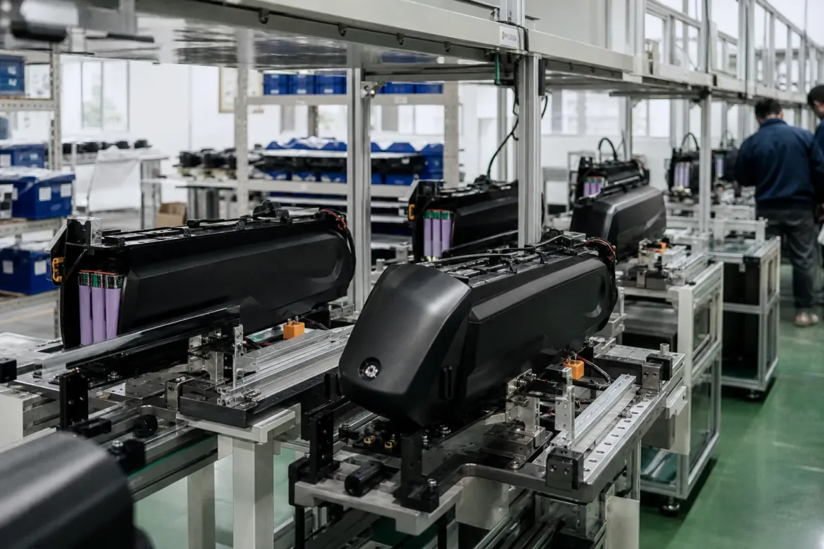 E-bike battery pack production floor overview in a manufacturing plant