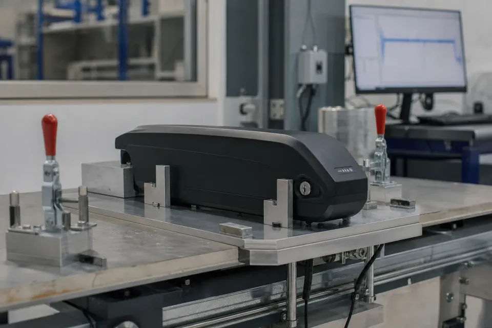 E-bike battery pack on a US safety-test fixture in a clean lab