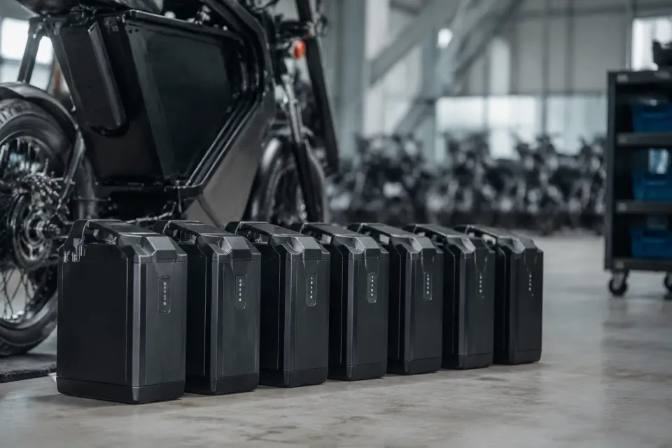Identical swappable OEM packs lined for fleet uptime and hot-swap readiness