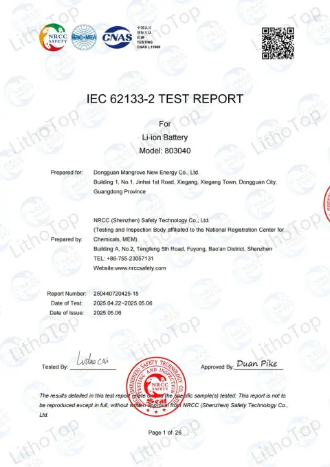 IEC62133 certification document for Lizo Power e-bike batteries
